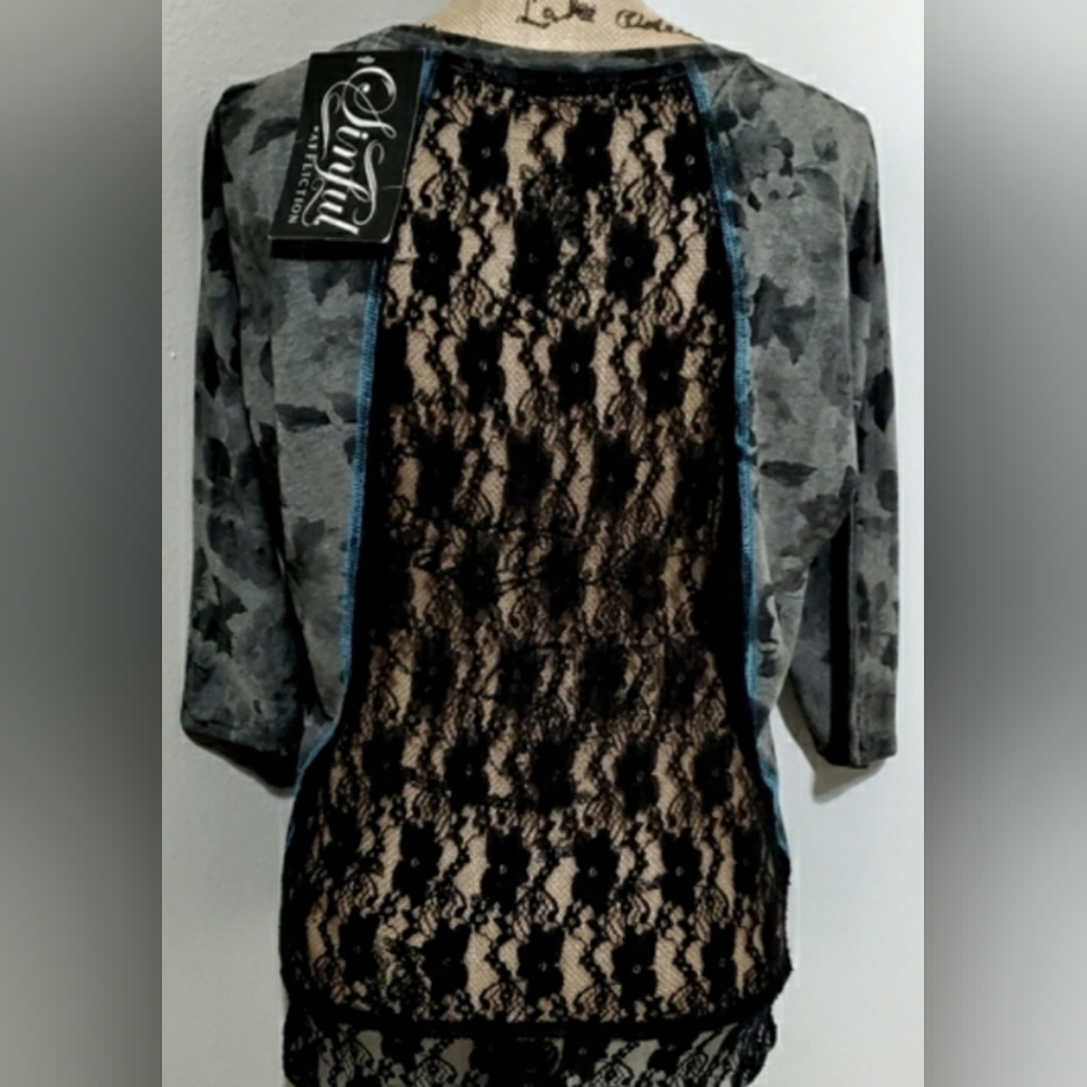 Affliction Gray Camouflage Top with Black Lace Back